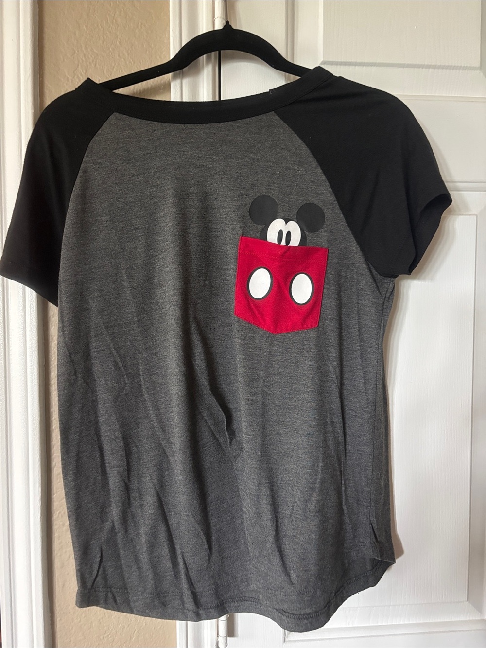 Disney Girls' Grey & Black Raglan Tee with Red Mickey Pocket